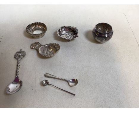A silver caddy spoon and silver salts with other items including a Norwegian silver spoon