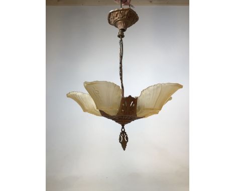 An Edwardian metal ceiling light with moulded glass shades. Approx height 45cm 