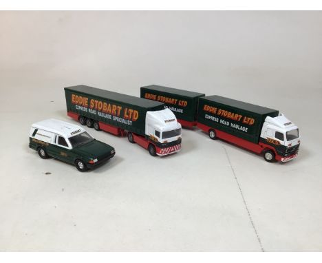 A fleet of early 1990s Eddie Stobart vehicles by Corgi. ERF articulated lorry, Volvo 7.5 tonne with trailer and Ford Escort s