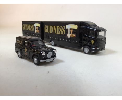 Corgi Guinness collectors models. A Scania delivery lorry and trailer, and a classic Austin A35 delivery van. In fair to good