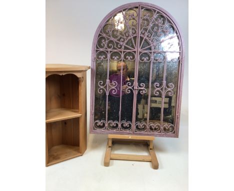 A metal arched top garden mirror with doors also with a small set of pine shelves. Width: 59cm x Height 84cm