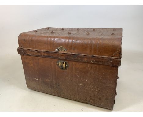 A vintage tin trunk with painted initials LP to side of lid. Lock on front broken . Painted inside W:66cm x D:41cm x H:45cm