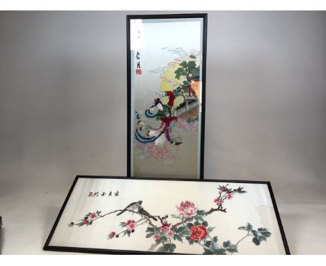 Two vintage Japanese embroidered panels, glazed and frames. Water damage to bothW:87cm x H:38cm Bird embroidery W:36cm x H:76