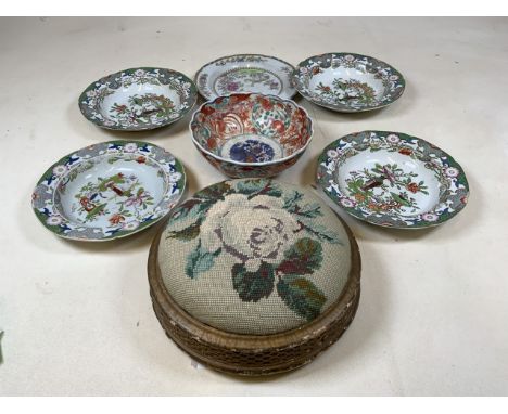 Masons Ironstone china bowls, Spode etc also with a needlework stool. 