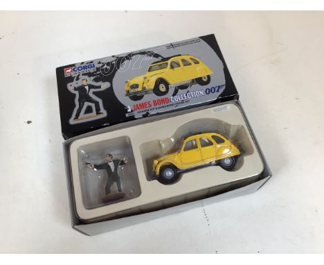 Boxed 1998 Corgi Classics 007 Citroen 2CV and white metal James Bond figure, as featured in the 1981 film For Your Eyes Only.