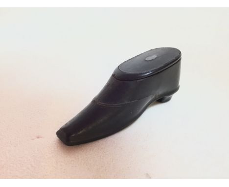 A nineteenth century treen shoe snuff box  8cm long 