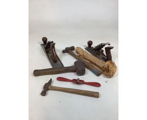 A selection of vintage tools including  two planes and other items 