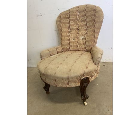 A small victorian button backed bedroom chair with carved legs. N.B one castor missing. Seat height H:34cm