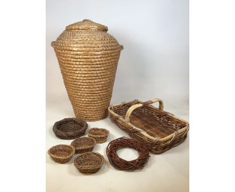 A vintage Ali baba laundry basket together with a trug and other smaller baskets W:55cm x D:35cm x H:20cm dimensions of trug