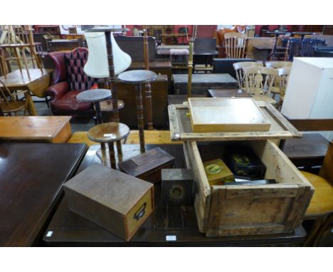 A mahogany multi jardiniere stand, Victorian mahogany tea caddy, two boxes and tins, etc.