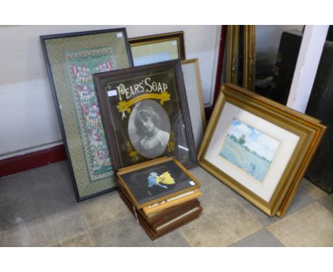 A Pears Soap advertising print, assorted prints and silk pictures etc.