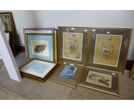 A Louis Wain print, two Cecil Aldin prints, pencil and charcoal study of two dogs and six limited edition prints