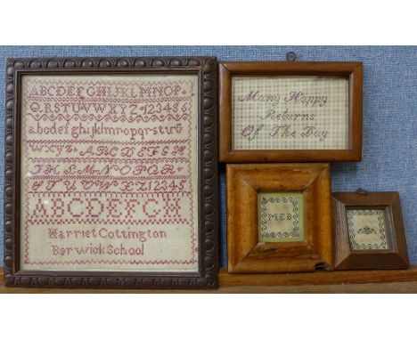 A Victorian sampler by Harriett Cottingham, framed 27 x 24cms and three miniatures