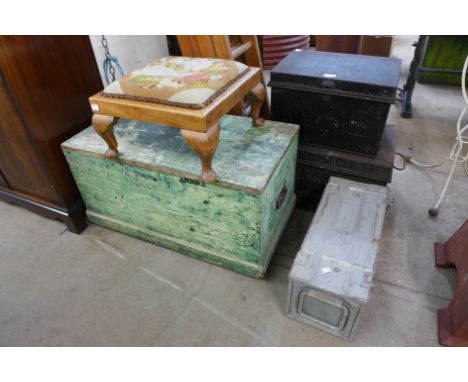 Two metal deed boxes, a tool box, painted pine box and a stool