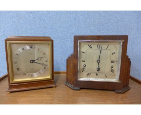 An Art Deco Garrard oak mantel clock and another