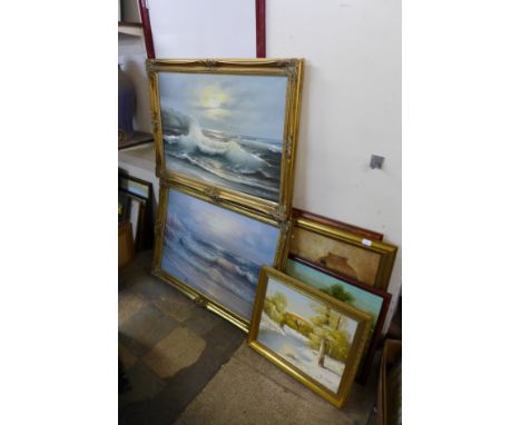 A pair of sea landscapes, oil on canvas, three other landscapes and a print