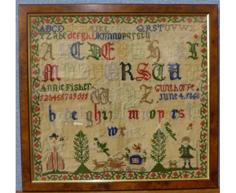 A Victorian sampler by Annie Fisher, Gunthorpe, 1866, framed, 41 x 44cms