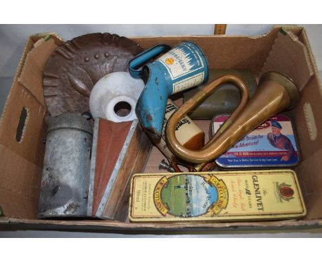 Box of various vintage items to include a copper bugle, vintage bee smoker, oil can etc