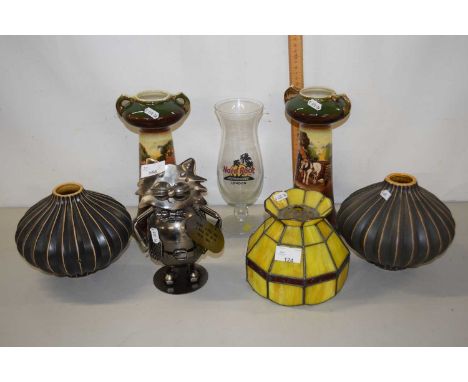 Mixed Lot: Pair of gilt decorated vases, a pair of further squat ribbed vases, a metal cat model, small light shade etc