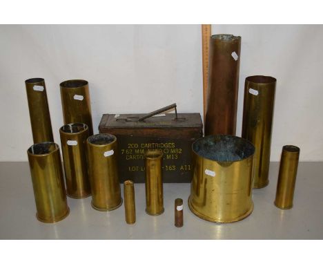 Collection of brass shell cases and ammunition tin