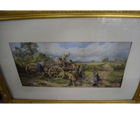 After Myles Birket Foster (1825-1899) Children congregate to play around a wooden cart in a pastoral landscape, lithograph in