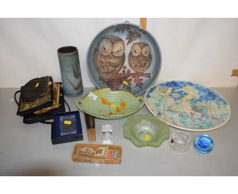Mixed Lot: A Wimborne Pottery charger decorated with owls, a further Poole charger, clutch handbags and other assorted items