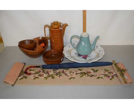 Mixed Lot: Modern continental floral and gilt serving dish, a Hornsea teapot, tapestry panel, parasol etc