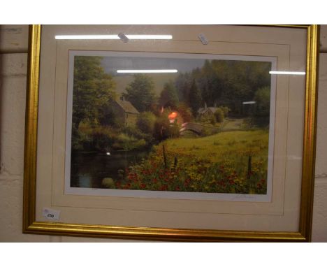 W R Makinson, coloured print of country cottages, framed and glazed