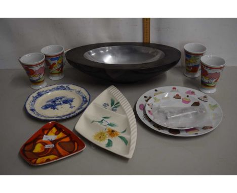 Mixed Lot: Small Poole pottery dish, modern mugs in the style of Clarice Cliff, two tier cake plate and other items
