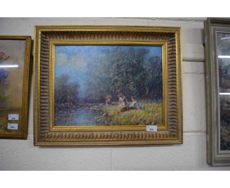 Contemporary impressionist study of a riverside scene with figures, oil on board, gilt framed, apparently unsigned
