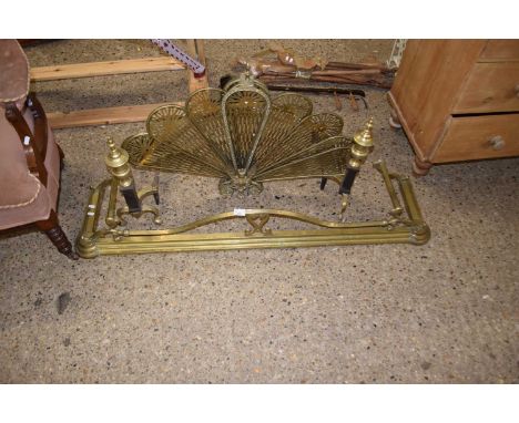 Brass fire fender, fire dogs and a folding spark guard