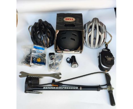 A Collection of Bike Accessories including a Bell Faction BMX/Skate Helmet in packaging. Size large, a Scott Safety Cap. Two 