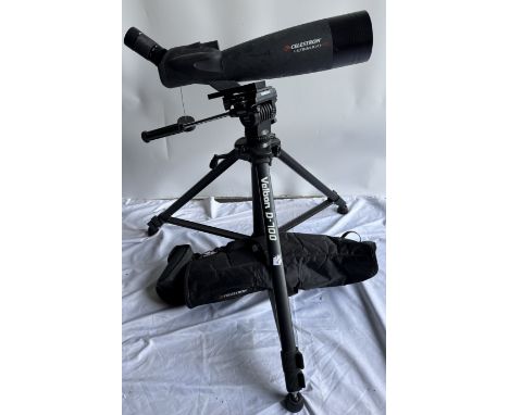 A Celestron Ultima 100ED spotting scope on a Velbon D-700 tripod with cover