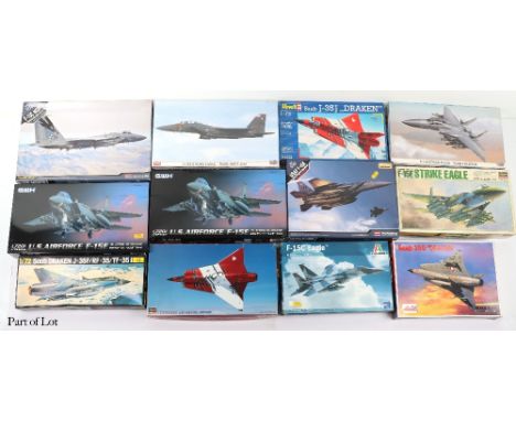 Thirty-seven 1:72 scale fighter Jet model kits, eight F-15 fighter jets by G.W.H, Hasegawa and others, seven L-29 Delfin jets