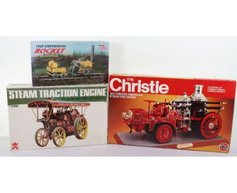 Three model kit Steam Engines, Airfix 1:12 scale 1911 Christie American Steam Fire Engine, contents in sealed bags, Bandai 1: