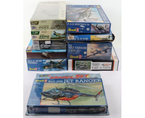 Ten 1:32 Scale Aircraft Model Kits, including, Revell kits, Mig-21 m/mf Fishbed, Messerschmitt Bf 109 G-4 trop (box is damage