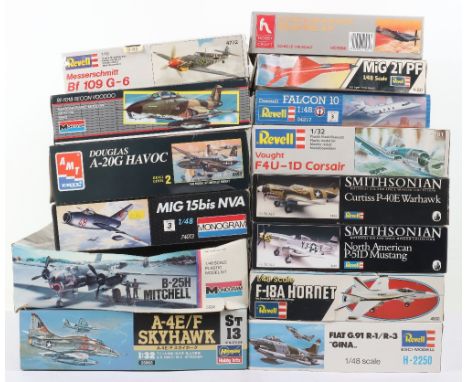 Fourteen 1:48 scale aircraft model kits, including, Revell model kits, Fiat g.91 r-1/r-3, Smithsonian p-51d Mustang, Mig 21 p