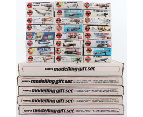 Forty six Airfix 1:72 scale aircraft model kits, including, modelling gift set with Harrier gr mk.3, Blenheim iv, Spitfire vb