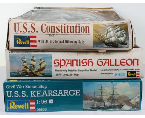 Three Revell Mixed scale Ship  model kits, including,1:96 scale USS Kearsarge, Un-known scale USS Constitution, un-known scal