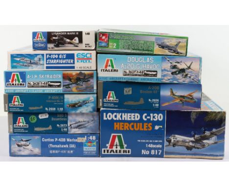 Ten Italeri 1:48 scale aircraft model kits, including p-40m/n Kittyhawk mk.iv, Lysander mark 2, a-1h Skyraider, Douglas a-20 