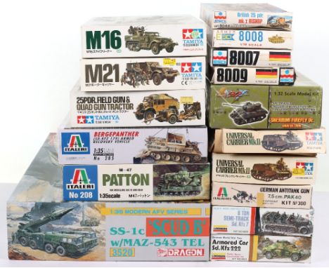 Ten Military Model kits, including, Tamiya 1:35 scale, Universal carrier mk2, 81mm mortar carrier m21, Motor carriage m16, 25