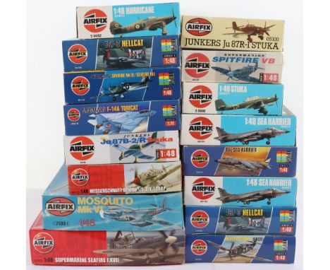 Sixteen Airfix 1:48 scale aircraft model kits, including, Junkers ju87b-2/r Stuka, Grumman f-14a Tomcat,F6f-3 Hellcat, Spitfi