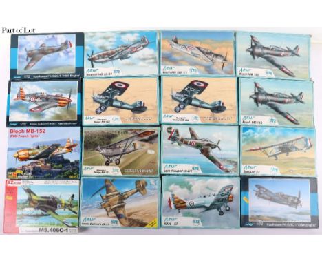 Forty-eight 1:72 scale twin and single propeller fighter model kits, many French Air Force fighters including 16xAzur kits in