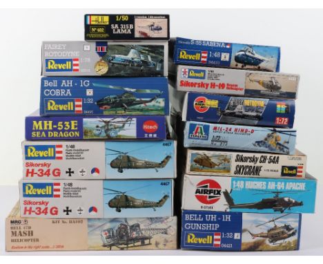 Fourteen Helicopter model kits, including, Revell branded kits, Sikorsky h-34g, Sikorsky h-19, Fairey Rotodyne, Bell AH-1g Co