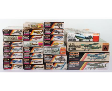 Twenty-six Matchbox 1:72 scale Fighter Aircraft model kits, three Handley Page Heyford bi-planes, Canberra PR.9 fighter jet, 