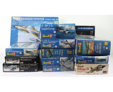 Thirteen 1:32 and 1:48 scale model Aircraft kits, eight 1:32 scale, unopened Fieseler 156C Storch, two opened but contents in