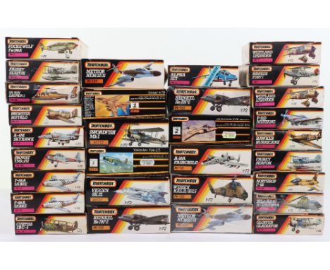 Thirty Matchbox 1:72 scale aircraft model kits, including, F-86a Sabre, Provost.Mk1, Gloster Gladiator, Curtiss Sbc-4, f-86a 