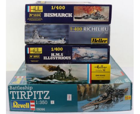 Five Revell/Heller 1:400 scale Naval model kits, including, HMS Hood, HMS Illustrious, Bismarck and 1:350 scale Battleship Ti