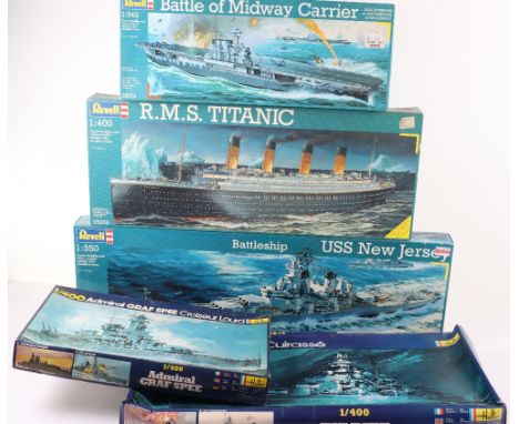 Revell and Heller model Ship kits, Revell 1:350 scale USS New Jersey Battleship, 1:400 scale RMS Titanic, 1:542 scale USS Bat