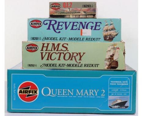 Four Airfix 1:600 scale model Ship kits, including, Queen Mary 2, H.M.S Victory, Revenge, Queen Elizabeth 2, all contents app